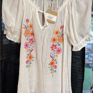 Blu Pepper White Blouse with Colorful Floral Embroidery